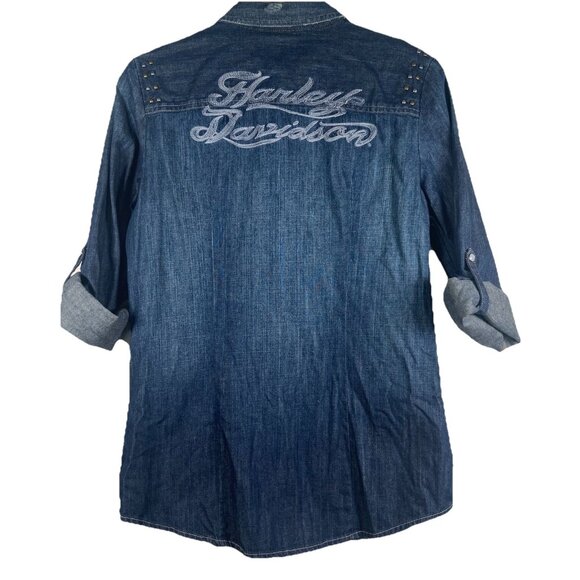 Harley Davidson Womens Embroidered Pearl Snap Button Beaded Denim Shirt Sz Small - Picture 8 of 12